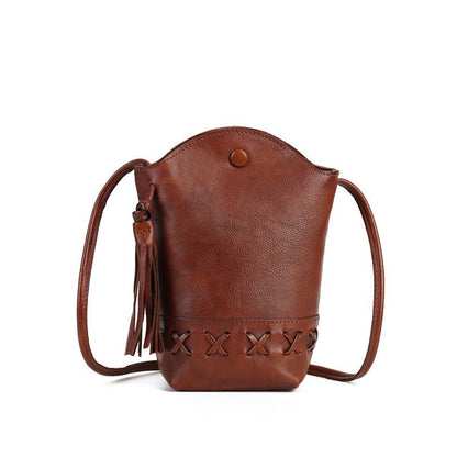 Genuine Leather Retro First-Layer Cowhide Woven Mobile Phone Bag Mini Crossbody Shoulder bag with tassel