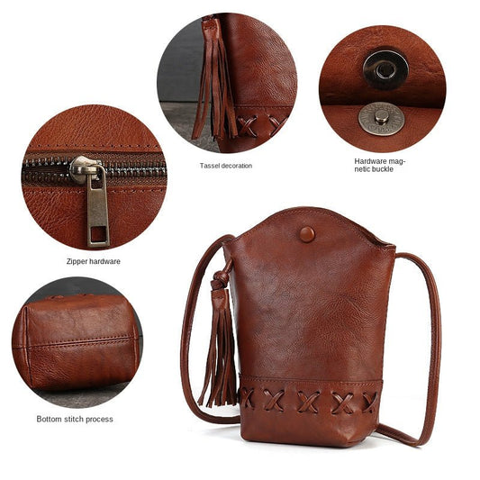 Genuine Leather Retro First-Layer Cowhide Woven Mobile Phone Bag Mini Crossbody Shoulder bag with tassel