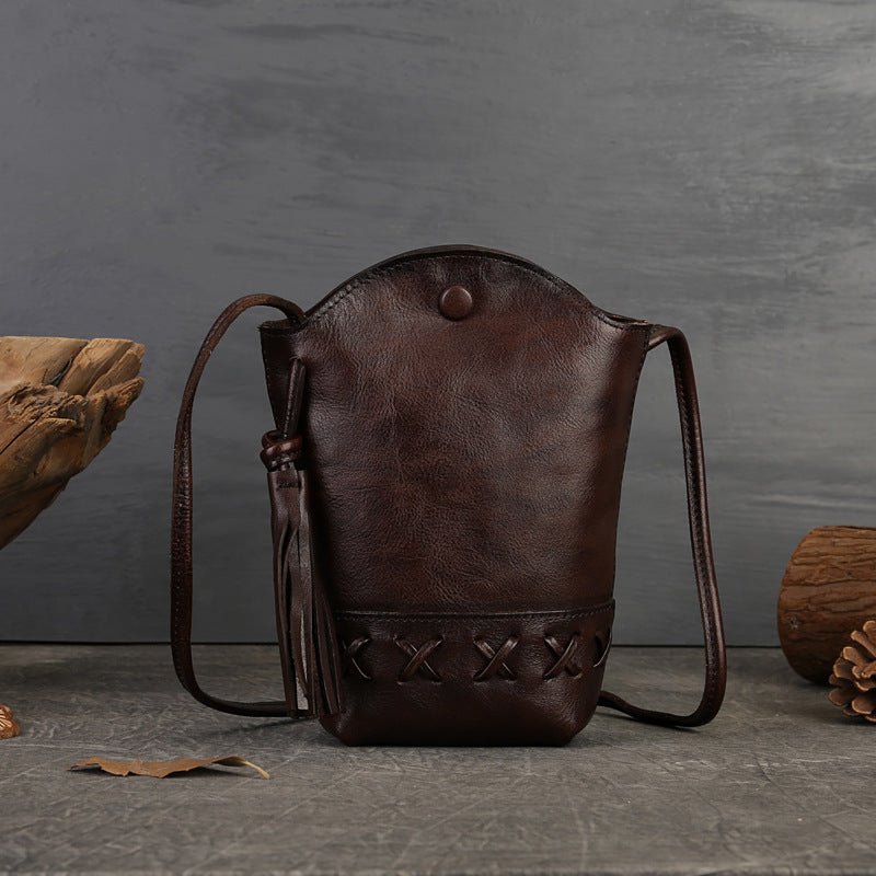 Genuine Leather Retro First-Layer Cowhide Woven Mobile Phone Bag Mini Crossbody Shoulder bag with tassel