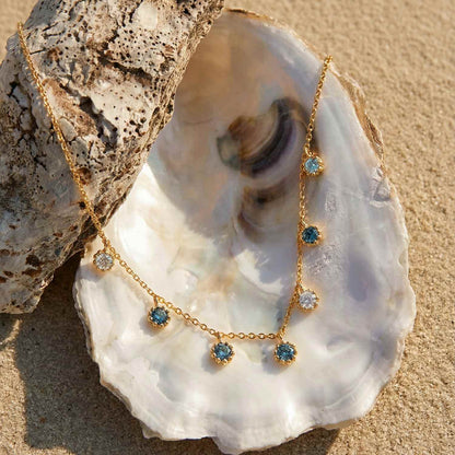 Gold Aqua Necklace with Barnacles and Rainbow Topaz