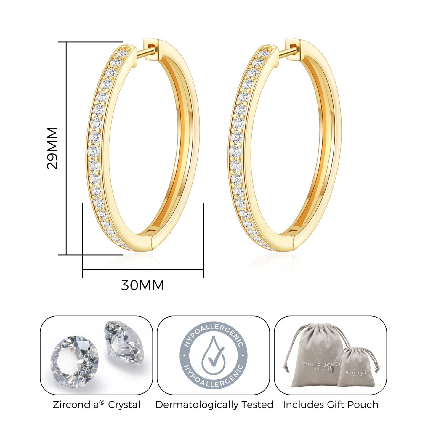 Gold Plated 30mm Hoop Earrings Created with Zircondia® Crystals