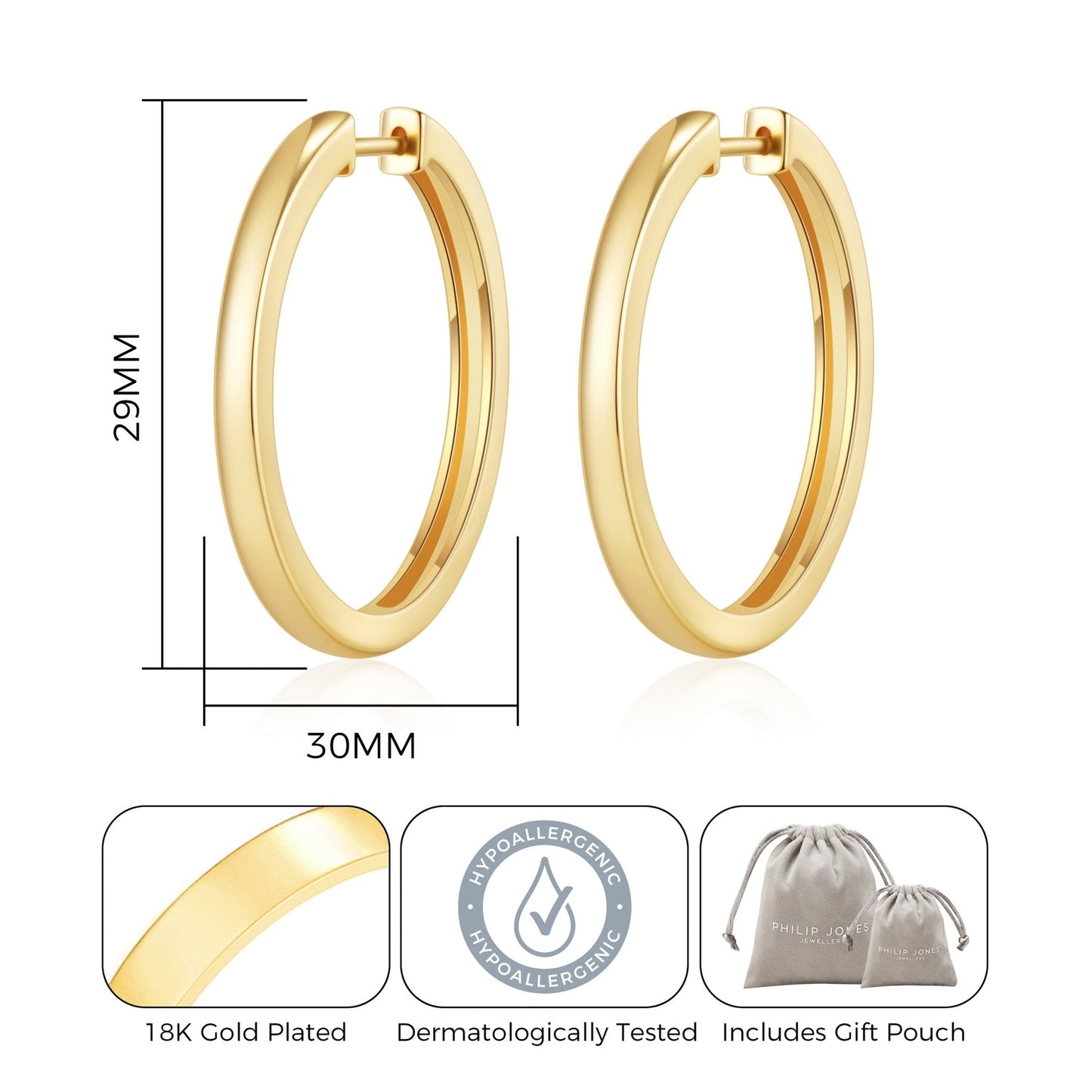 Gold Plated 30mm Plain Hoop Earrings