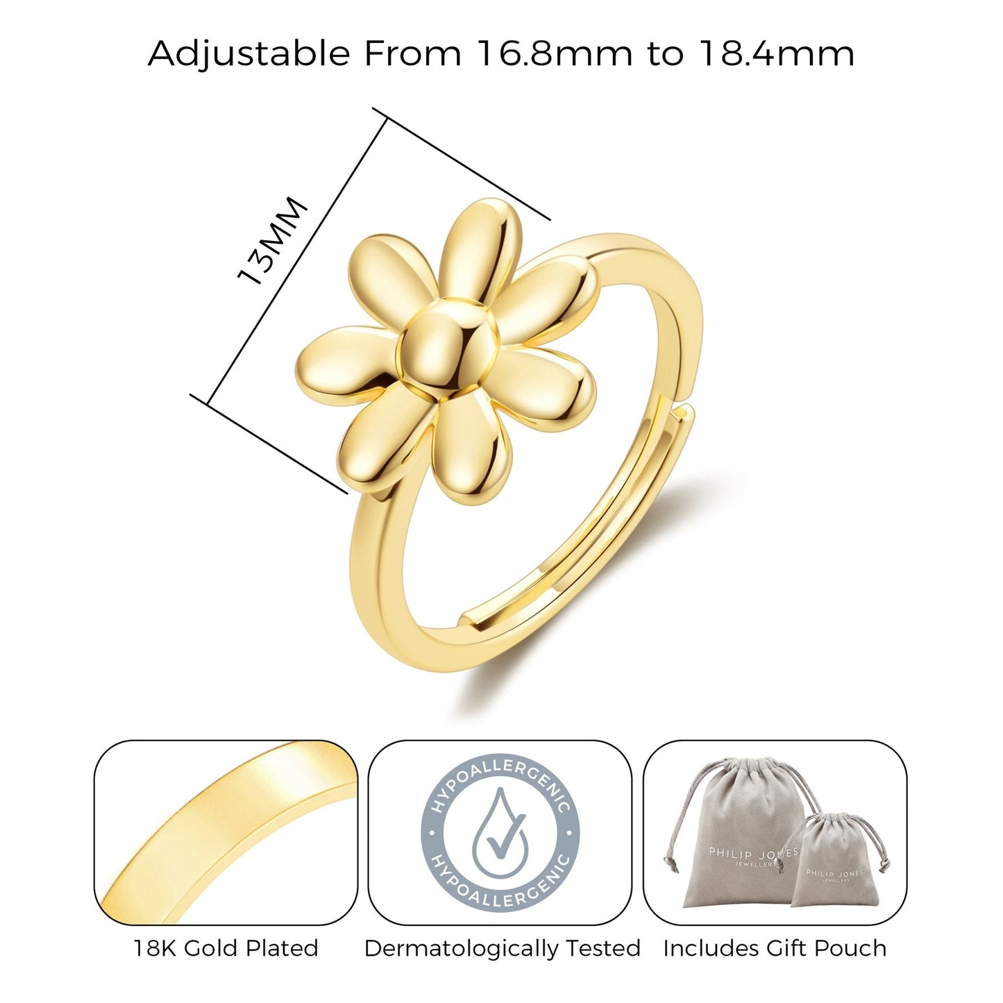 Gold Plated Adjustable Daisy Ring