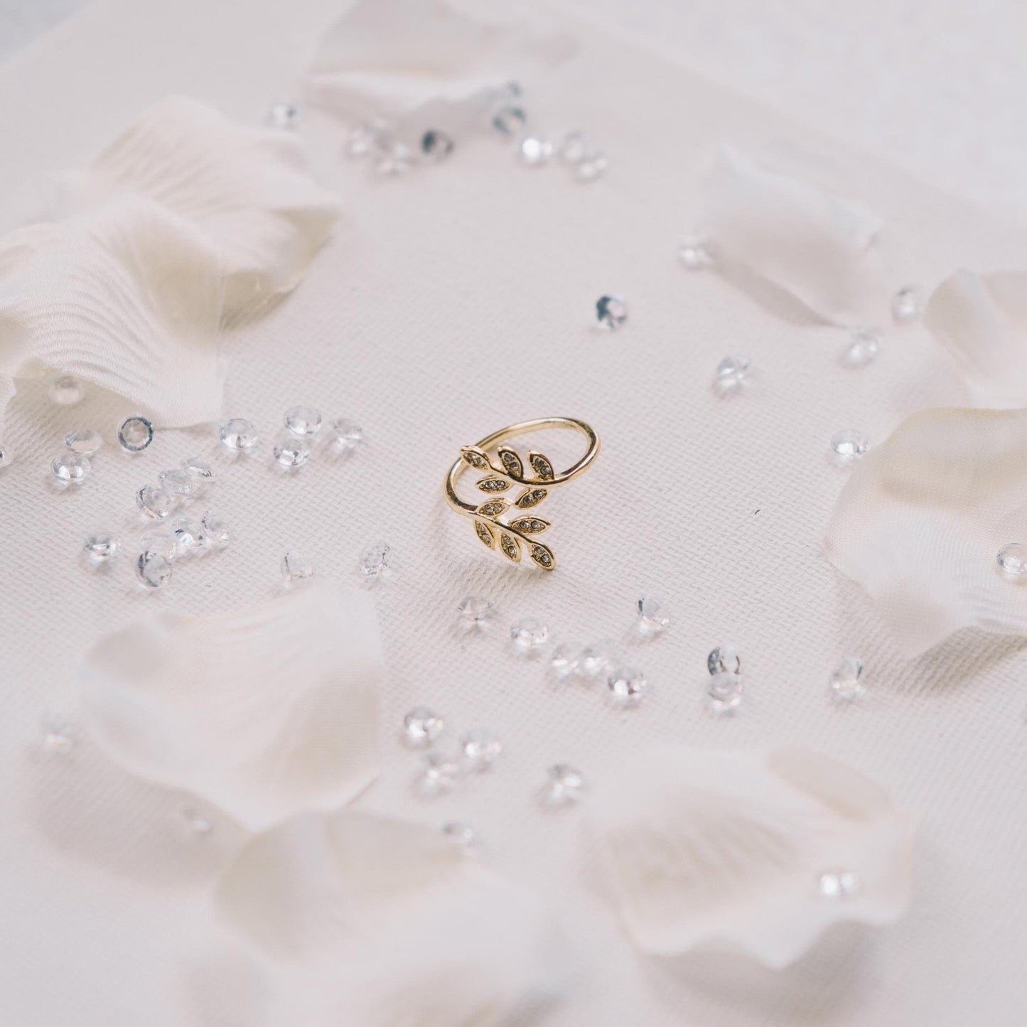 Gold Plated Adjustable Leaf Ring Created with Zircondia® Crystals