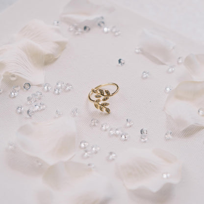 Gold Plated Adjustable Leaf Ring Created with Zircondia® Crystals