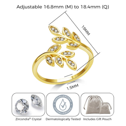 Gold Plated Adjustable Leaf Ring Created with Zircondia® Crystals