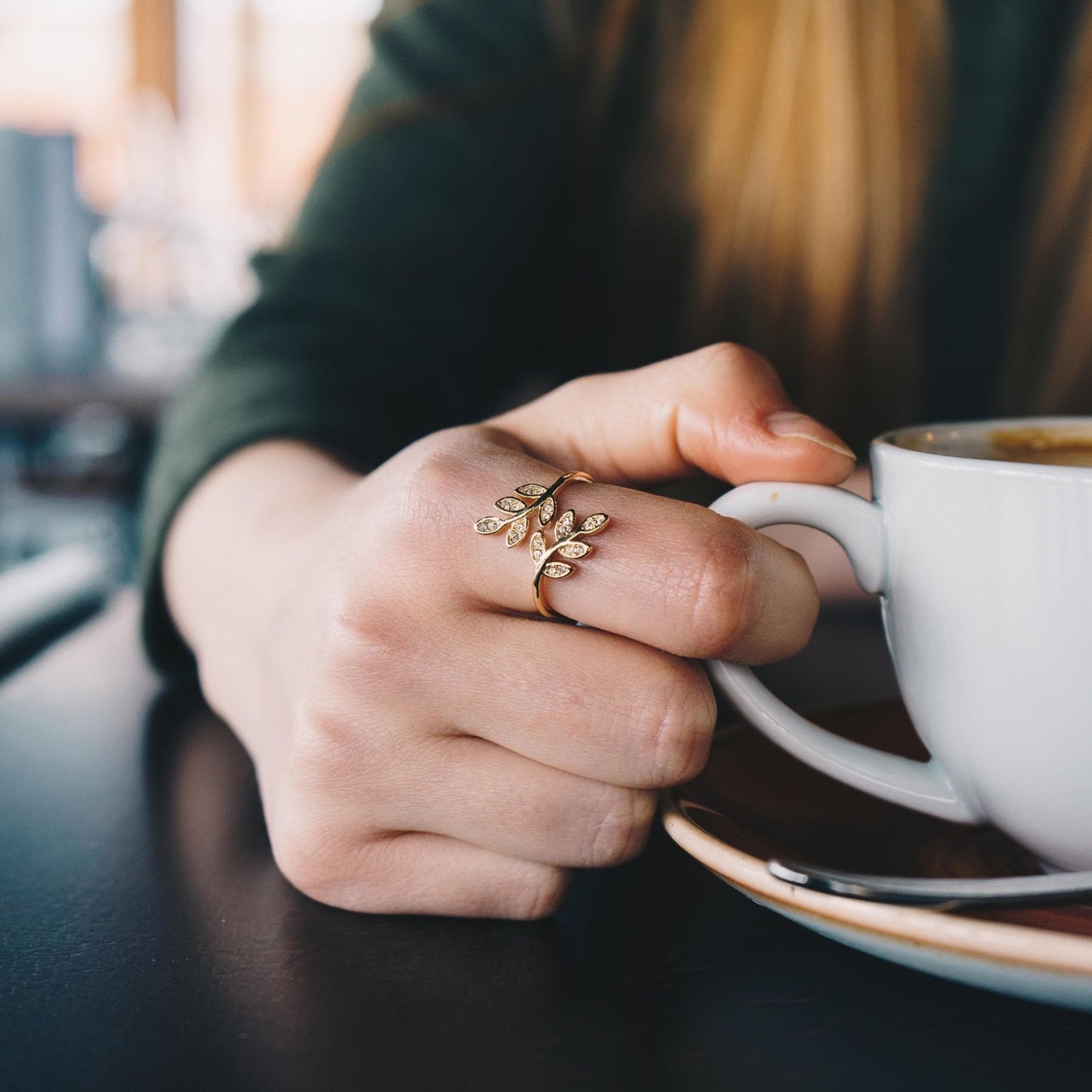 Gold Plated Adjustable Leaf Ring Created with Zircondia® Crystals