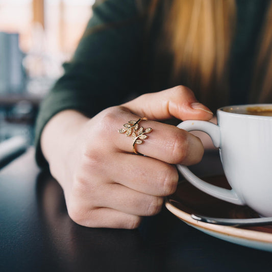 Gold Plated Adjustable Leaf Ring Created with Zircondia® Crystals