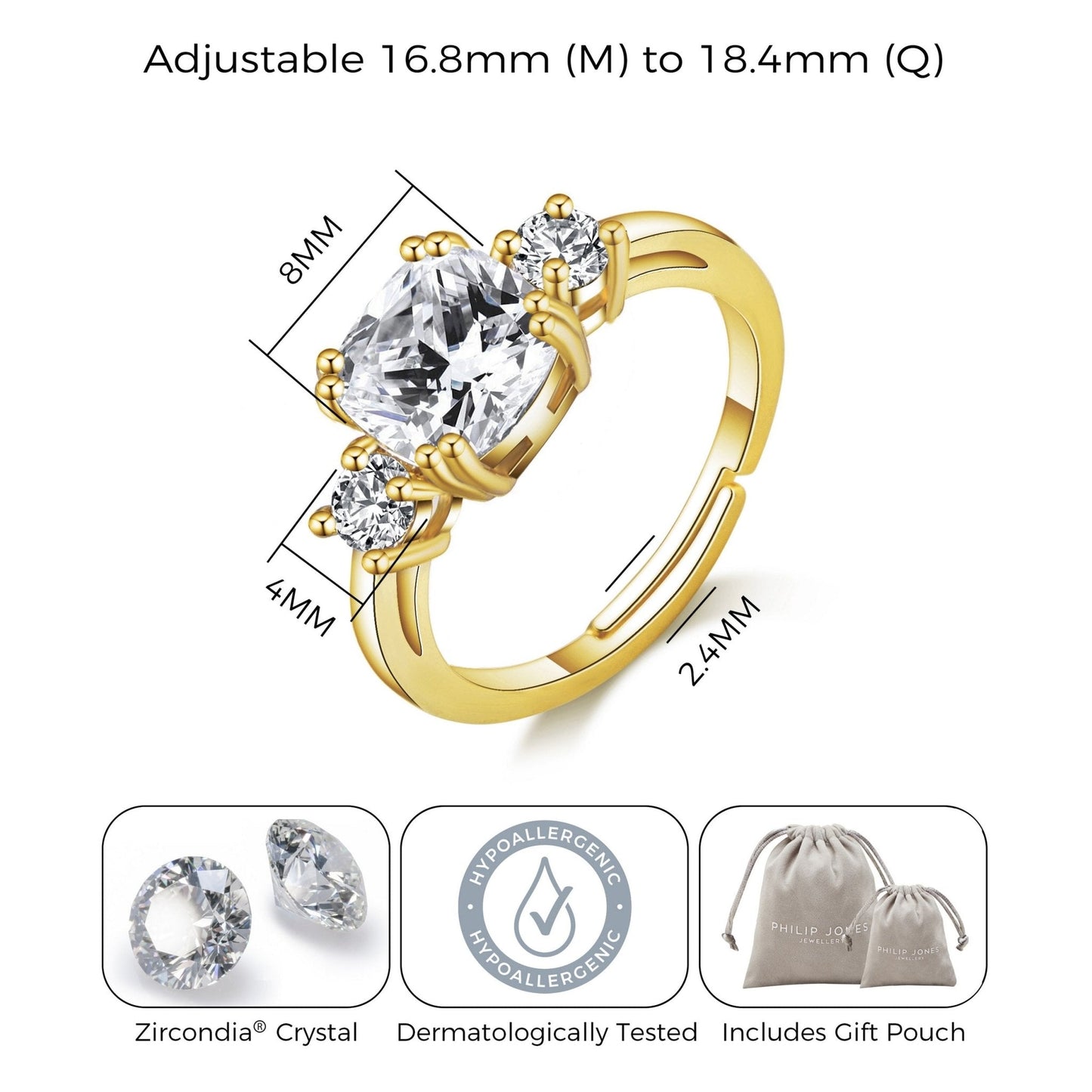 Gold Plated Adjustable Three Stone Ring Created with Zircondia® Crystals