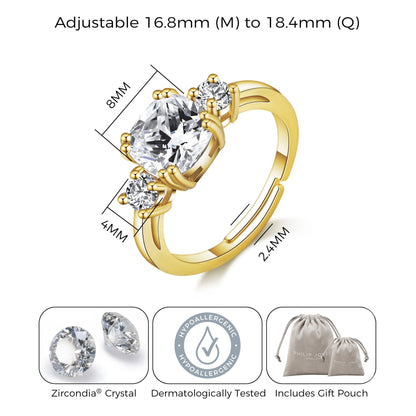 Gold Plated Adjustable Three Stone Ring Created with Zircondia® Crystals