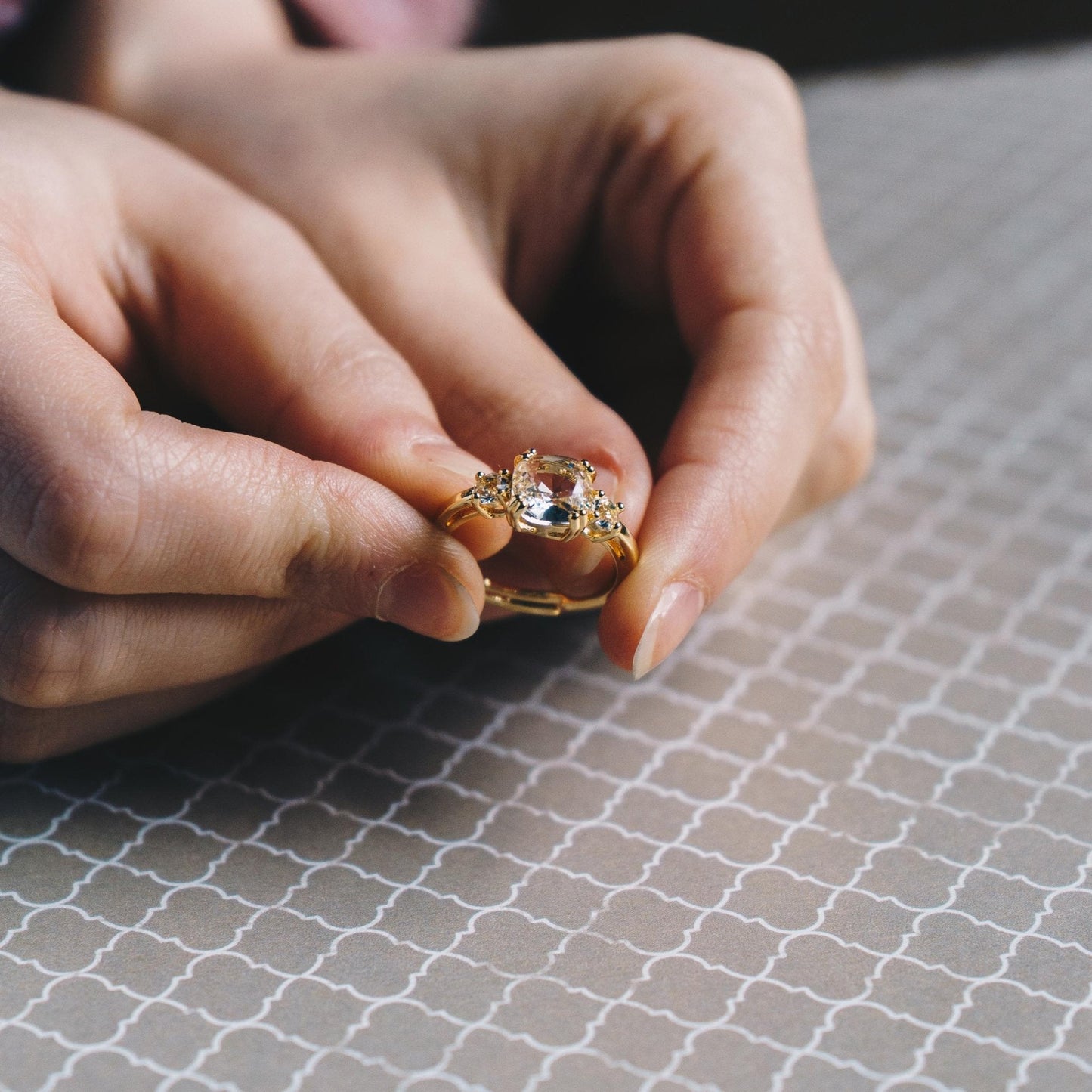 Gold Plated Adjustable Three Stone Ring Created with Zircondia® Crystals