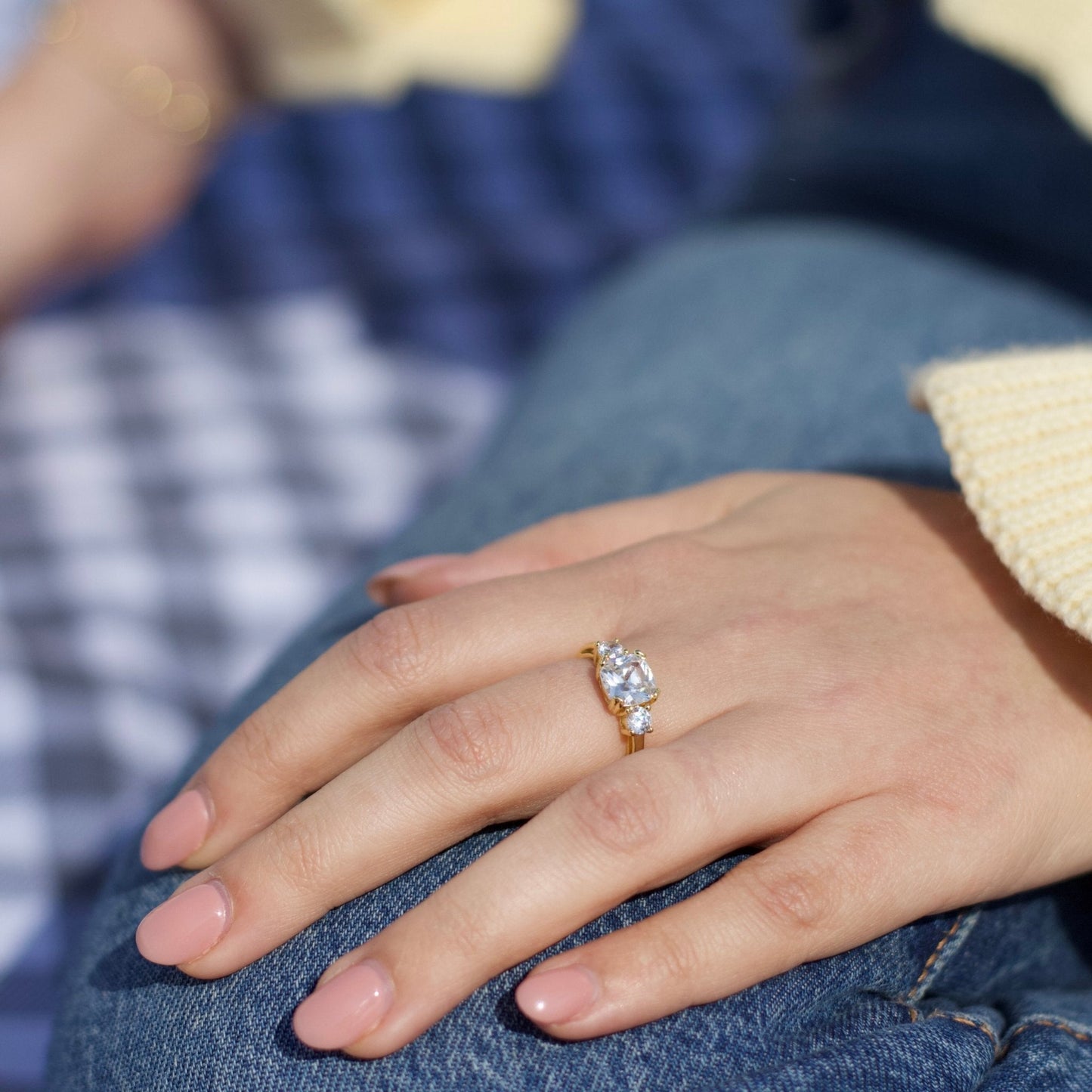 Gold Plated Adjustable Three Stone Ring Created with Zircondia® Crystals