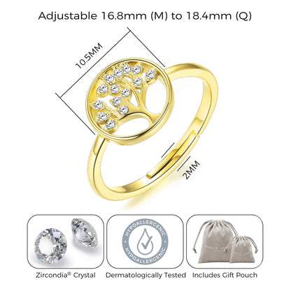 Gold Plated Adjustable Tree of Life Ring Created with Zircondia® Crystals