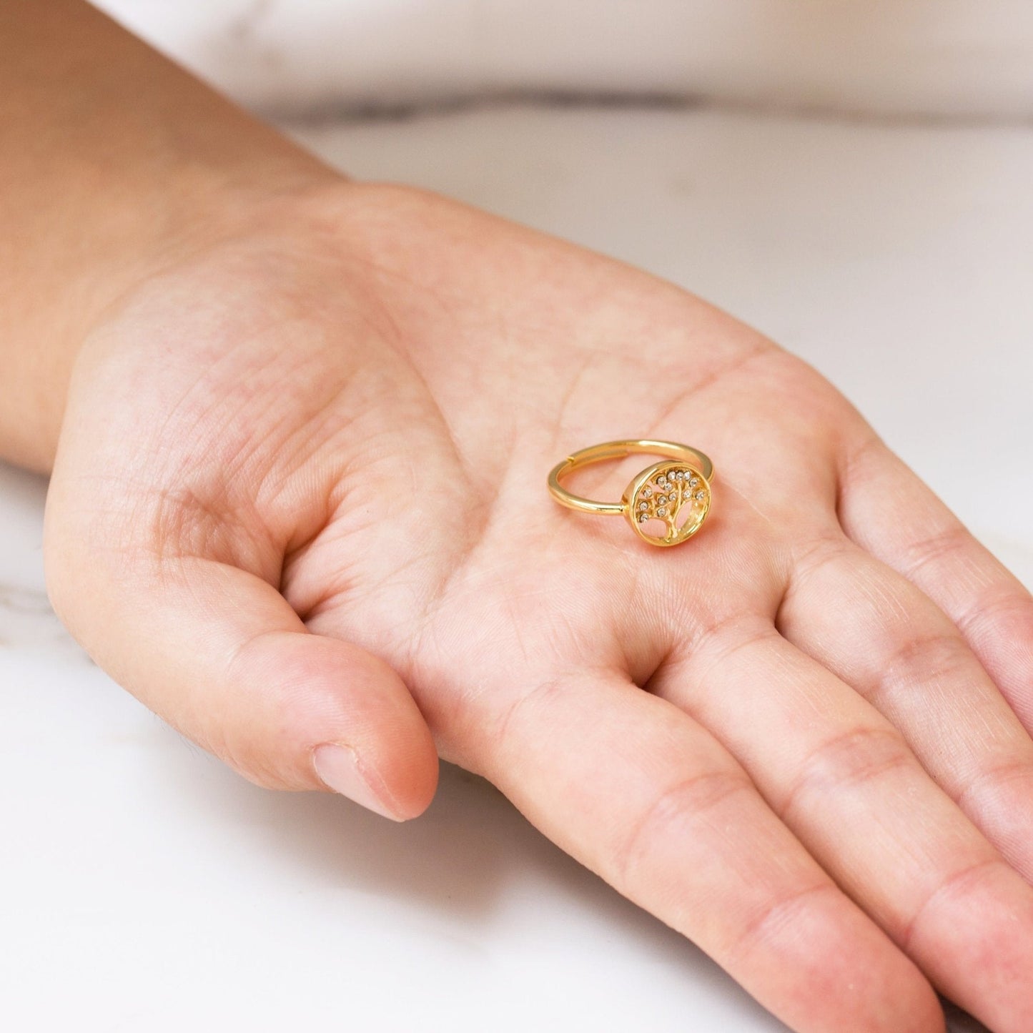 Gold Plated Adjustable Tree of Life Ring Created with Zircondia® Crystals