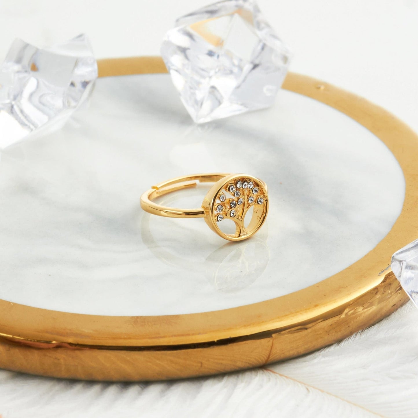 Gold Plated Adjustable Tree of Life Ring Created with Zircondia® Crystals