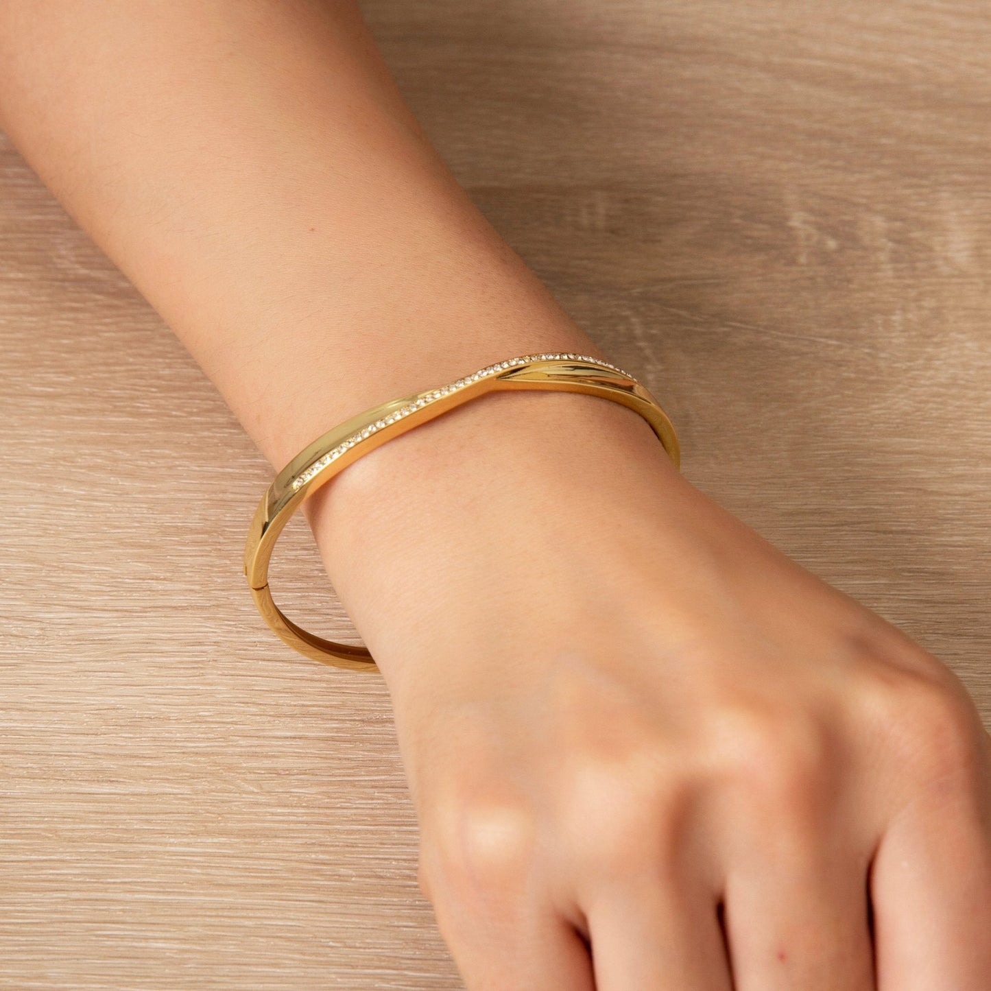 Gold Plated Arc Bangle Created with Zircondia® Crystals (7 Inch)