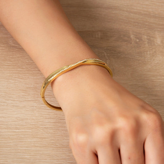 Gold Plated Arc Bangle Created with Zircondia® Crystals (7 Inch)