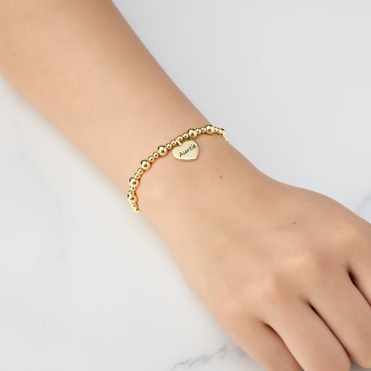 Gold Plated Auntie Heart Charm Beaded Stretch Bracelet