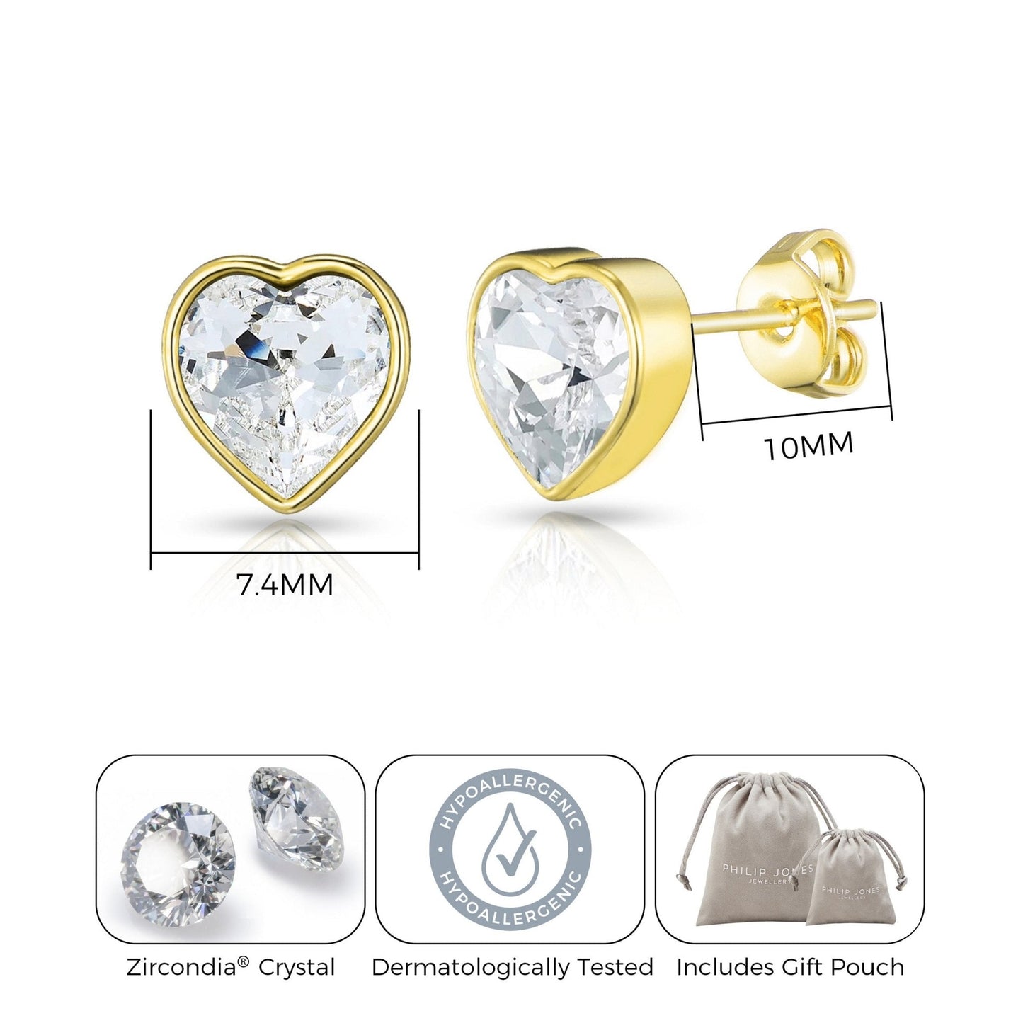 Gold Plated Bezel set Heart Earrings Created with Zircondia® Crystals