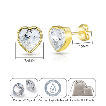 Gold Plated Bezel set Heart Earrings Created with Zircondia® Crystals