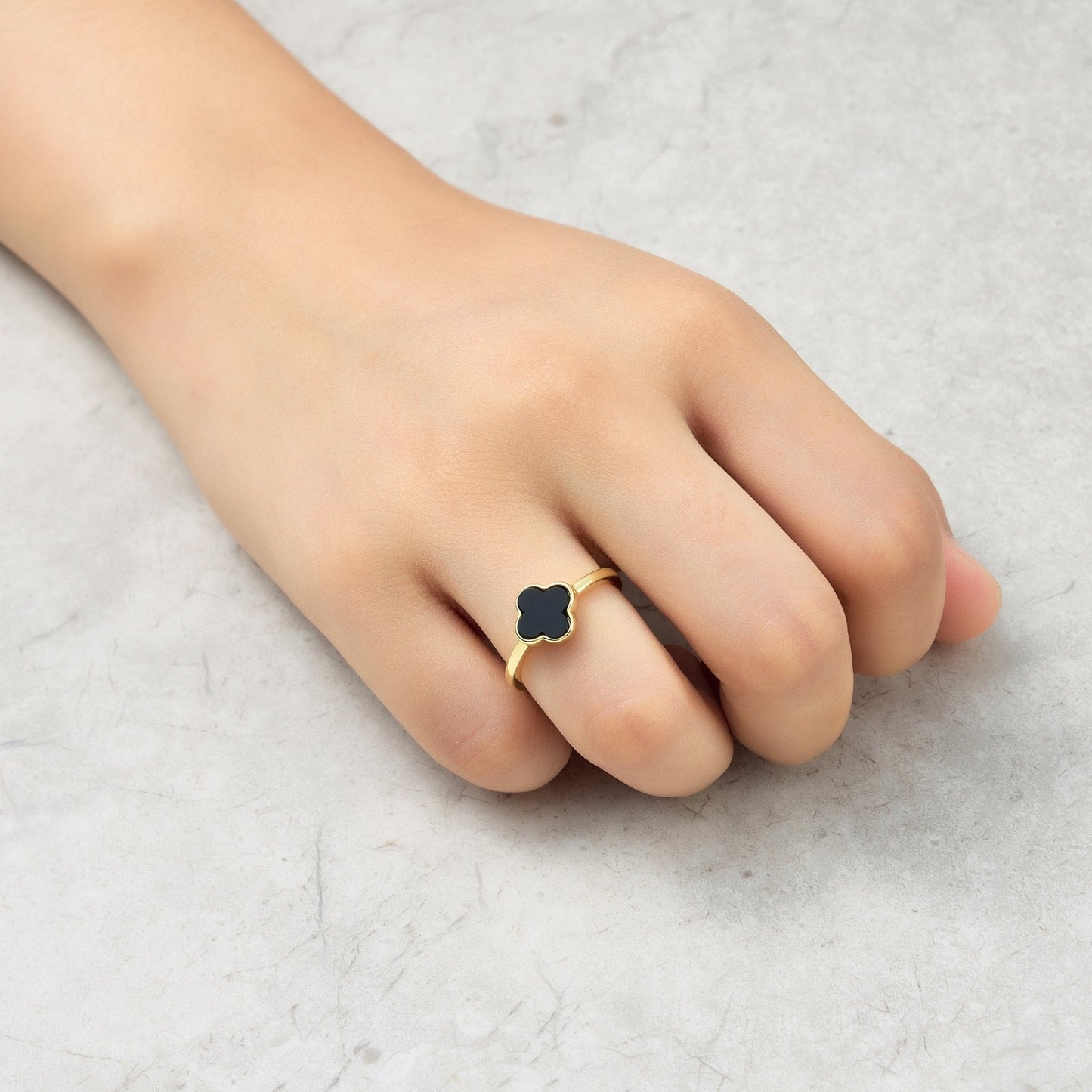 Gold Plated Black Onyx Gemstone Adjustable Clover Ring