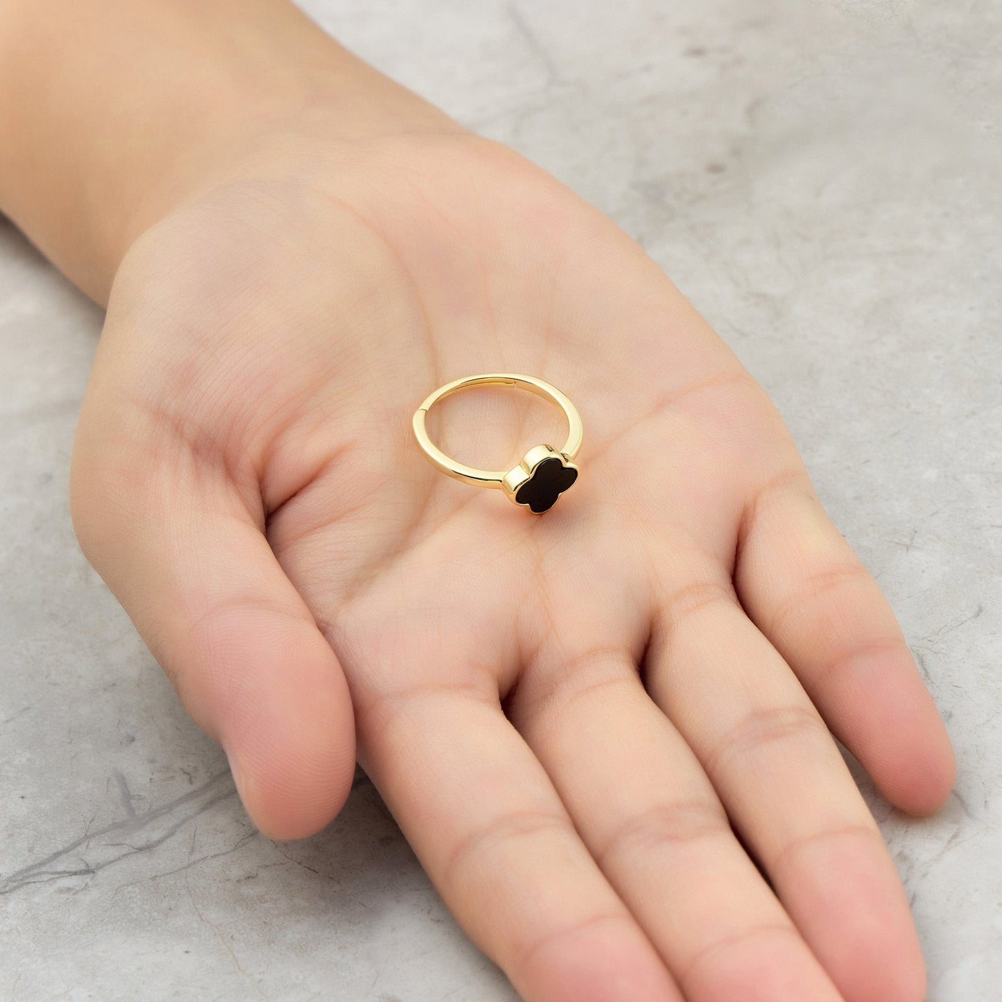 Gold Plated Black Onyx Gemstone Adjustable Clover Ring