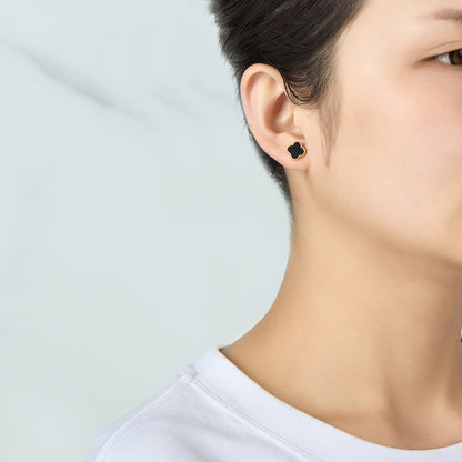 Gold Plated Black Onyx Gemstone Clover Earrings