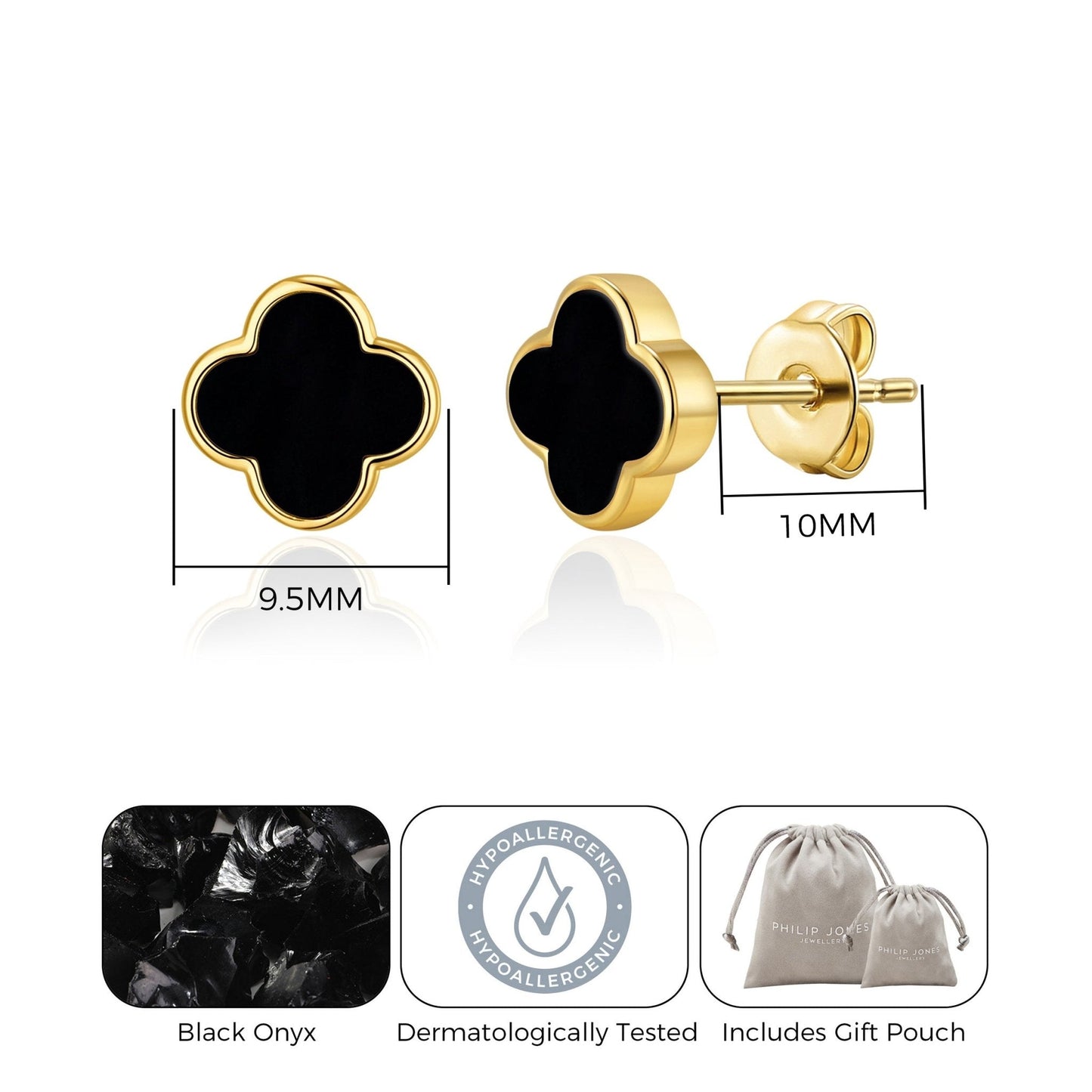 Gold Plated Black Onyx Gemstone Clover Earrings