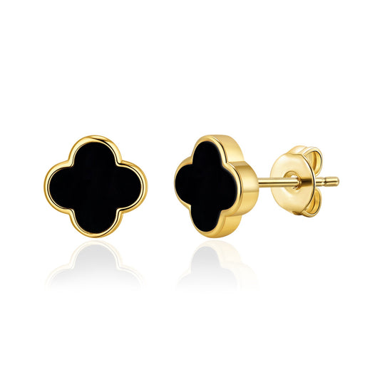 Gold Plated Black Onyx Gemstone Clover Earrings