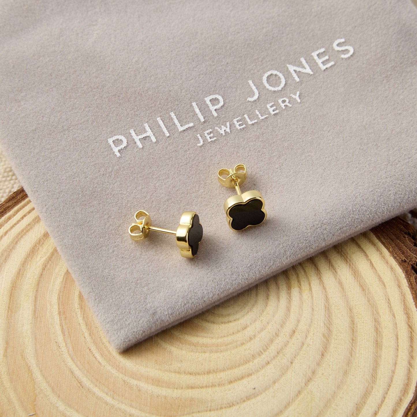 Gold Plated Black Onyx Gemstone Clover Earrings