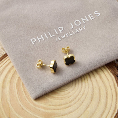 Gold Plated Black Onyx Gemstone Clover Earrings