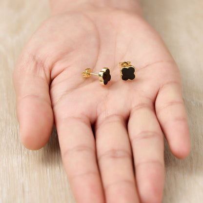 Gold Plated Black Onyx Gemstone Clover Earrings
