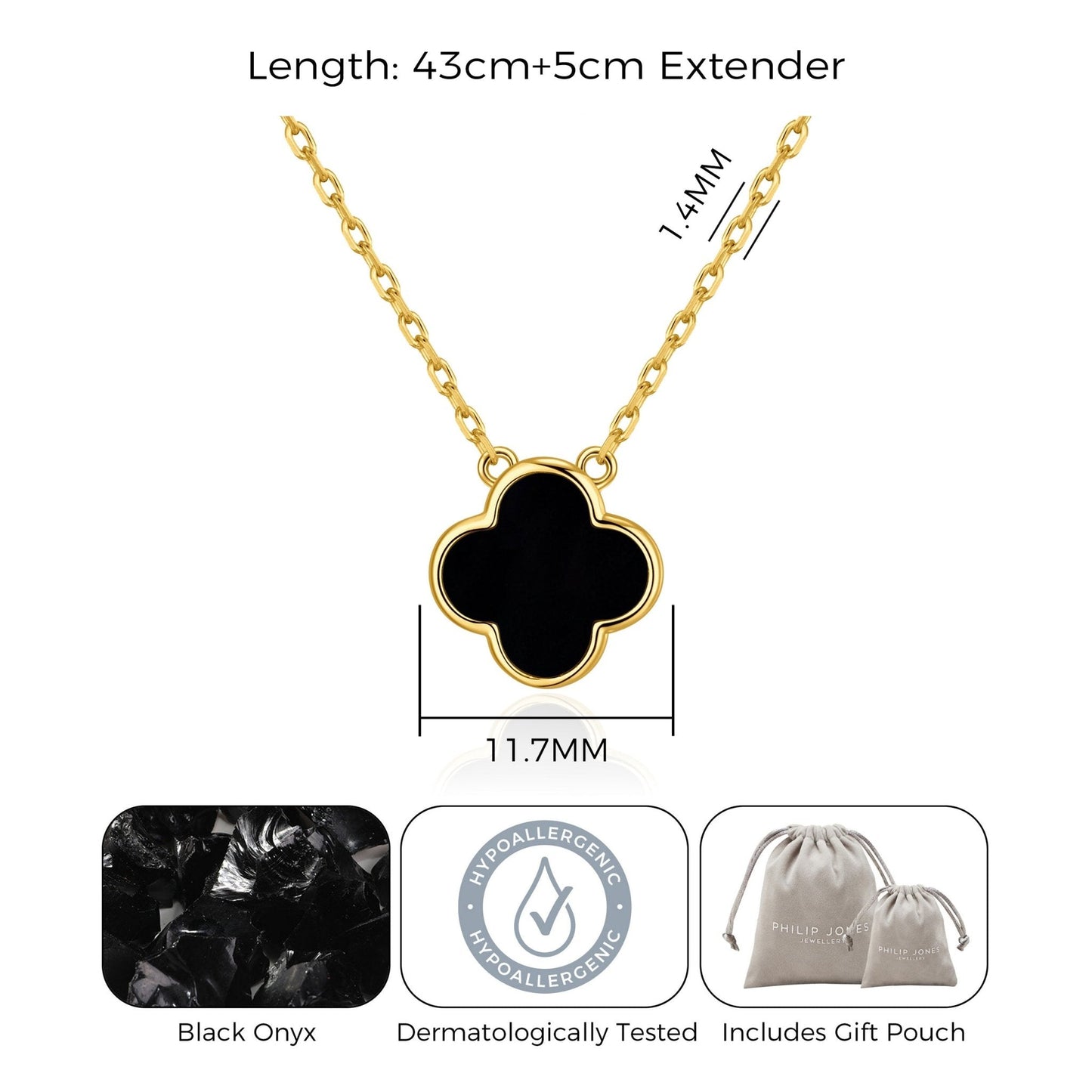18k Gold Plated Black Onyx Gemstone Clover Necklace