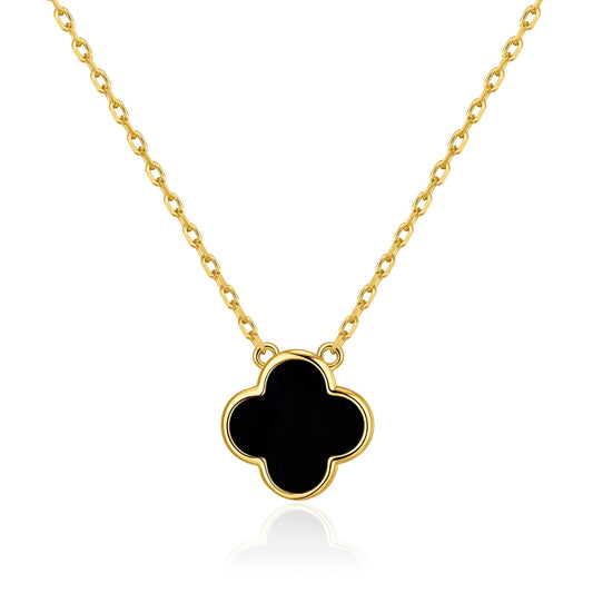Gold Plated Black Onyx Gemstone Clover Necklace