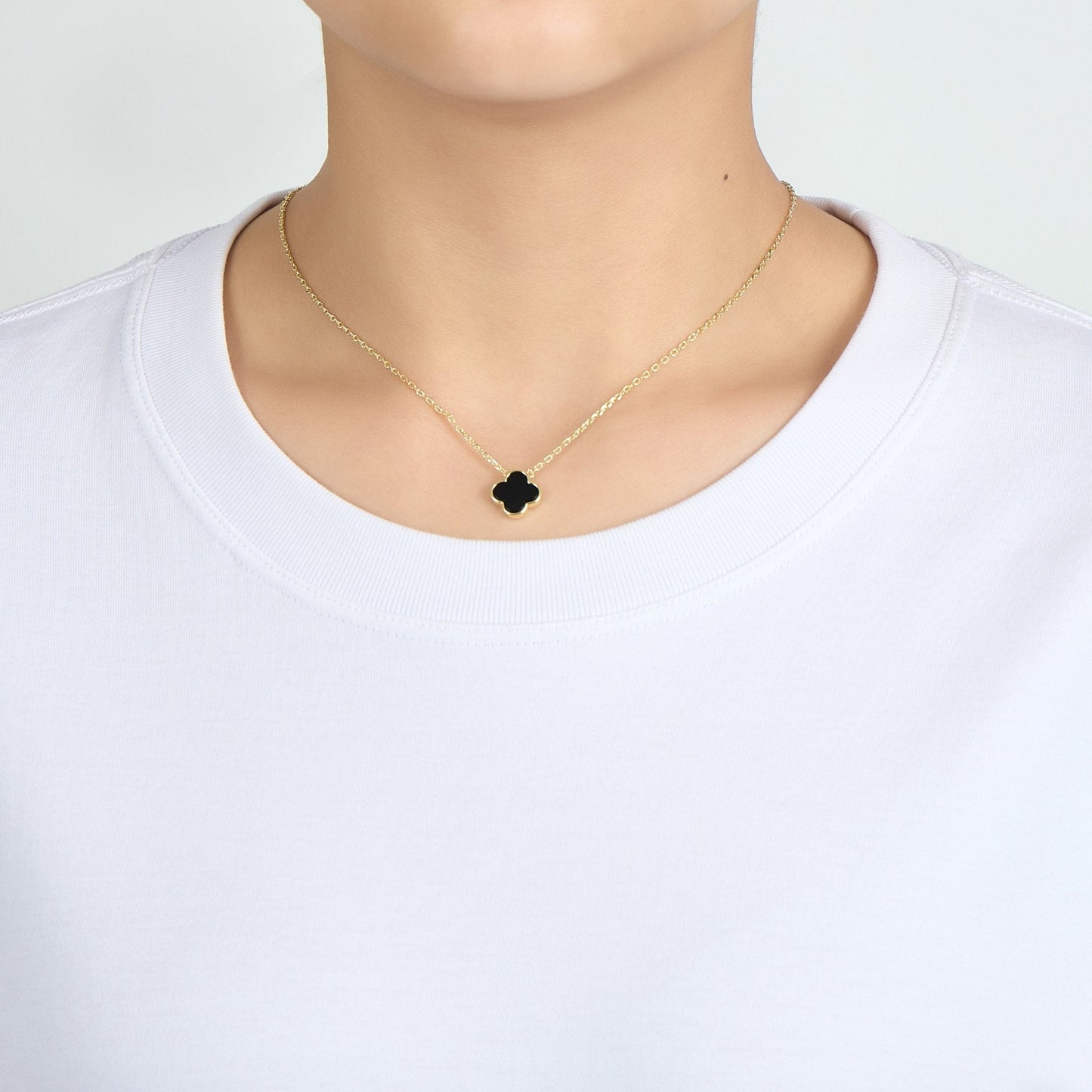 18k Gold Plated Black Onyx Gemstone Clover Necklace