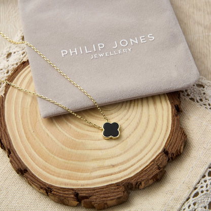 18k Gold Plated Black Onyx Gemstone Clover Necklace