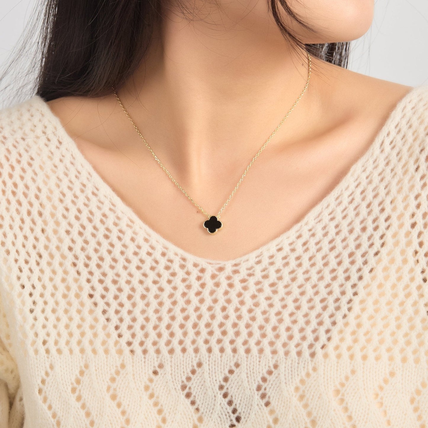 18k Gold Plated Black Onyx Gemstone Clover Necklace