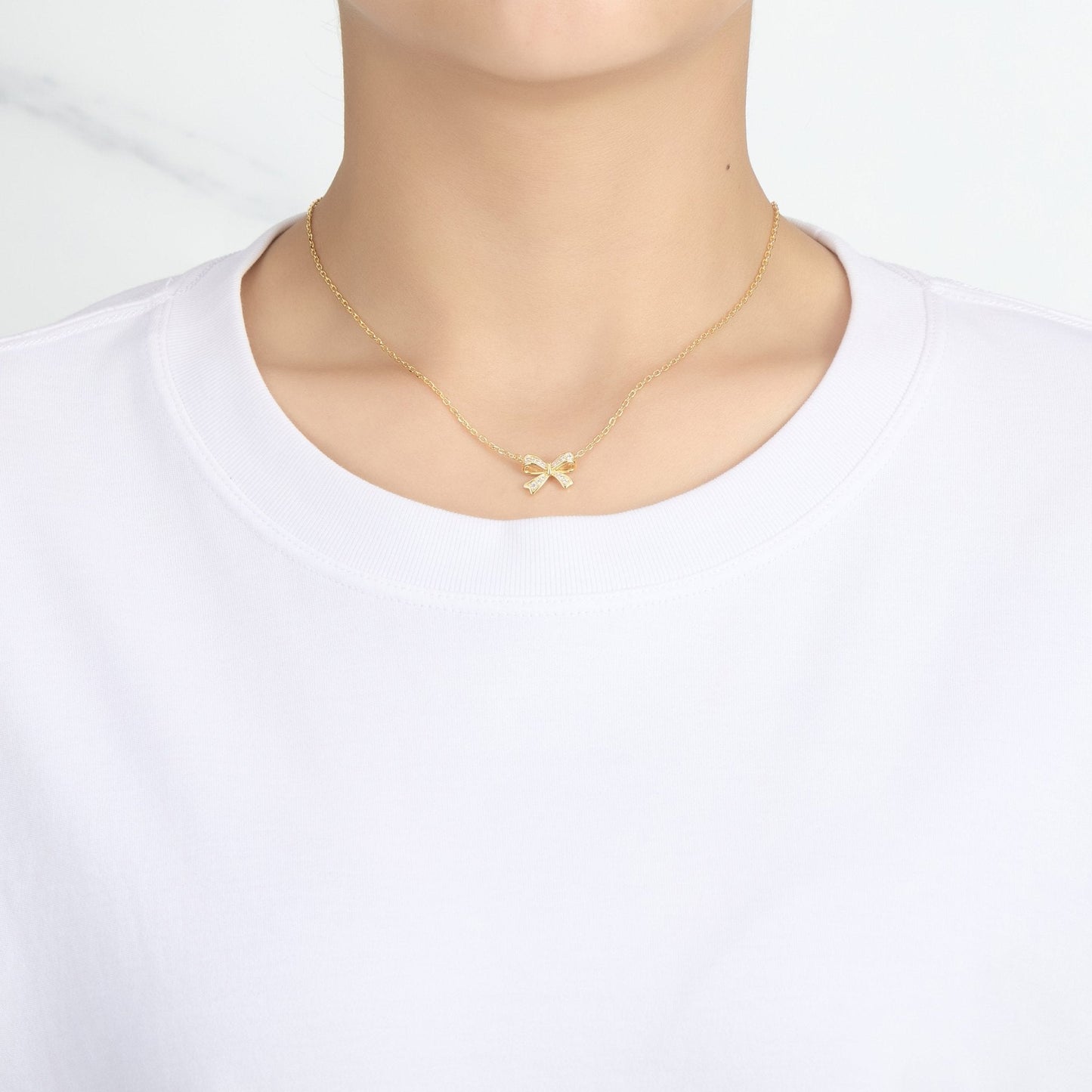 18k Gold Plated Bow Necklace Created with Zircondia® Crystals