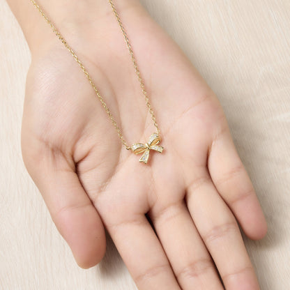18k Gold Plated Bow Necklace Created with Zircondia® Crystals