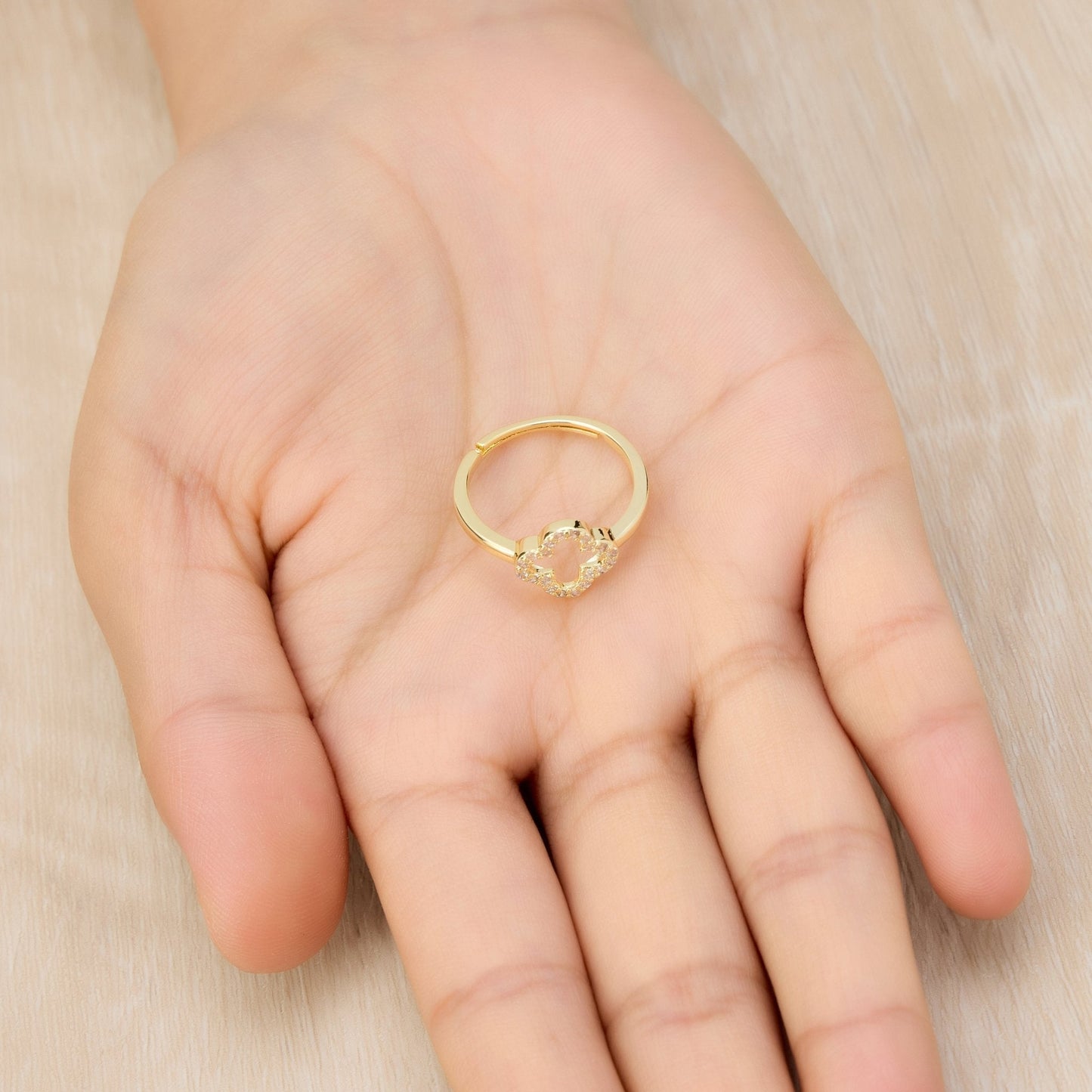 Gold Plated Clover Ring Created with Zircondia® Crystals