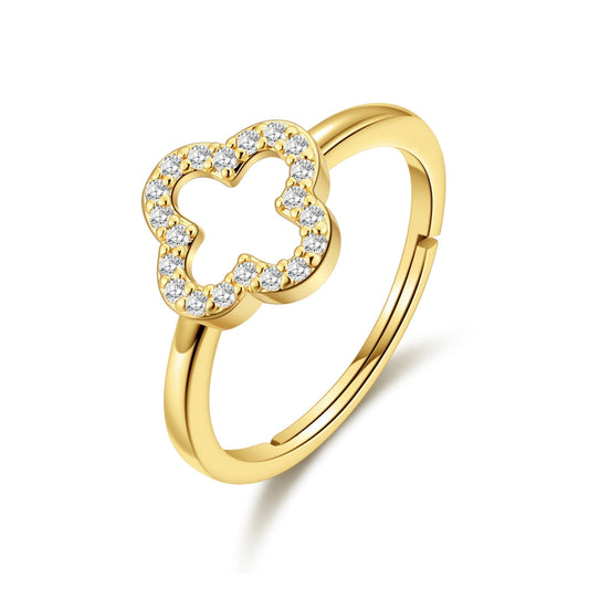 Gold Plated Clover Ring Created with Zircondia® Crystals