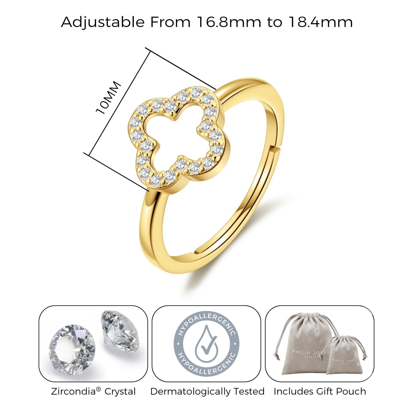 Gold Plated Clover Ring Created with Zircondia® Crystals