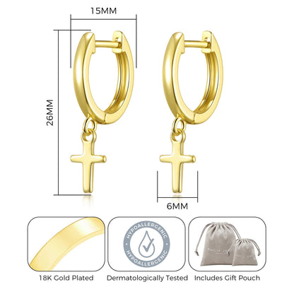 Gold Plated Cross Charm Hoop Earrings
