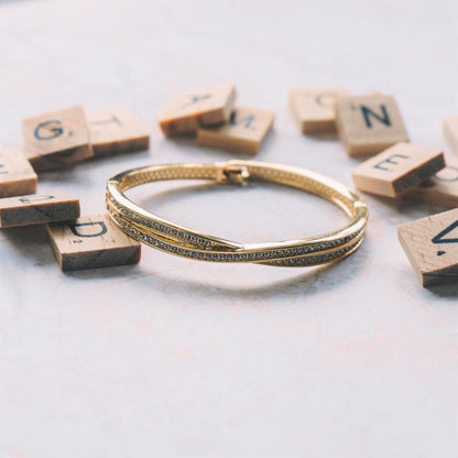 Gold Plated Crossover Bangle Created with Zircondia® Crystals (7 Inch)