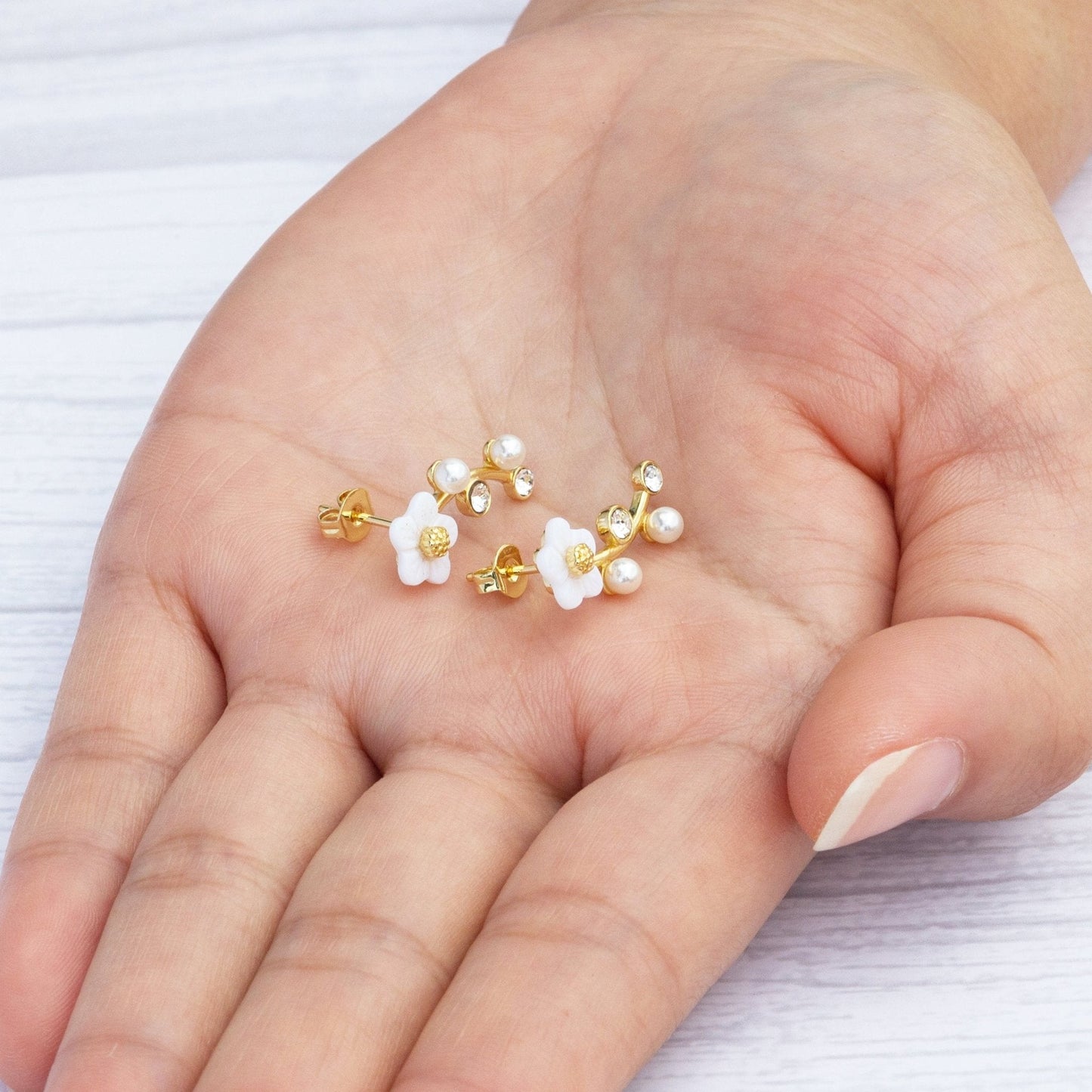 Gold Plated Daisy Climber Earrings Created with Zircondia® Crystals