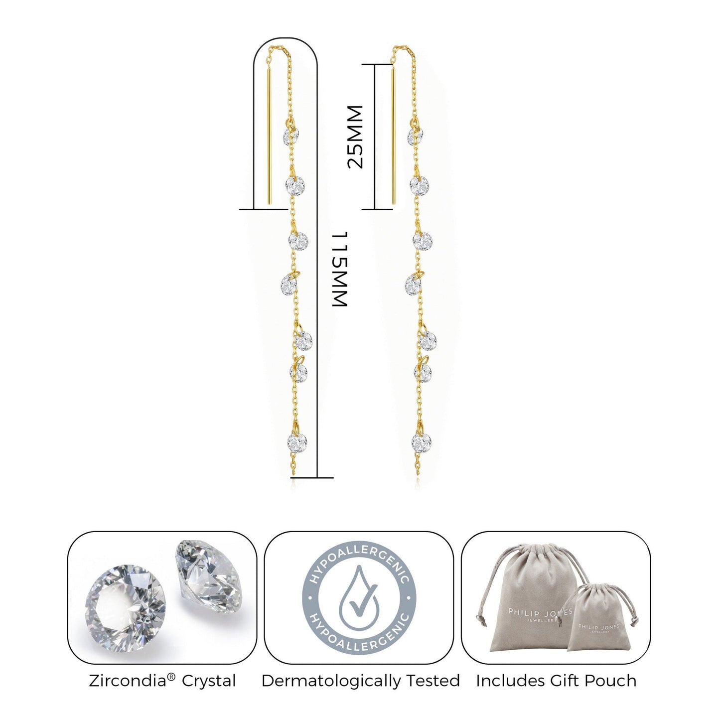 Gold Plated Dangle Thread Earrings Created with Zircondia® Crystals