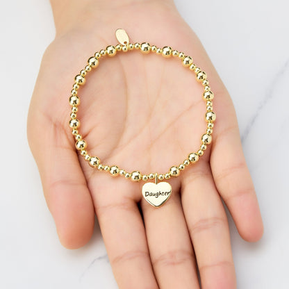 Gold Plated Daughter Heart Charm Beaded Stretch Bracelet
