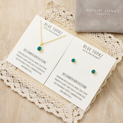 Gold Plated December (Blue Topaz) Birthstone Necklace & Earrings Set Created with Zircondia® Crystals