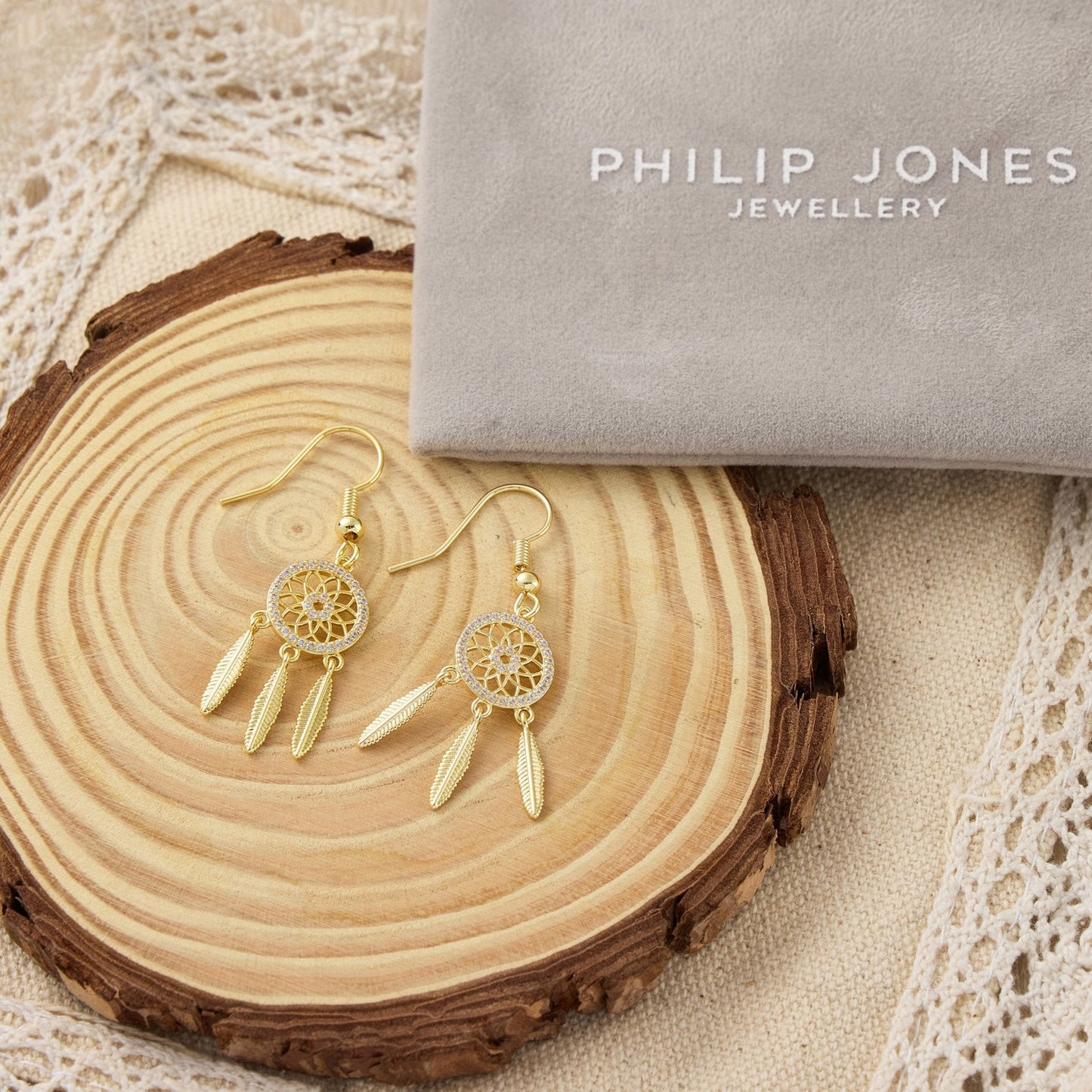 Gold Plated Dream Catcher Drop Earrings Created with Zircondia® Crystals