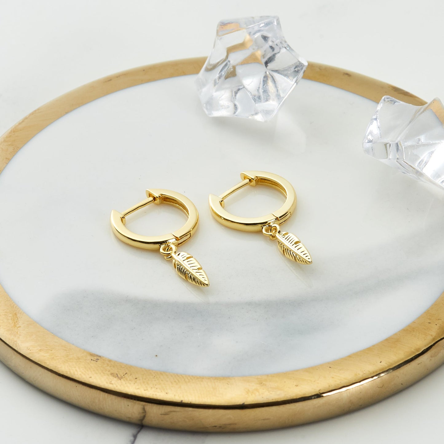 Gold Plated Feather Charm Hoop Earrings